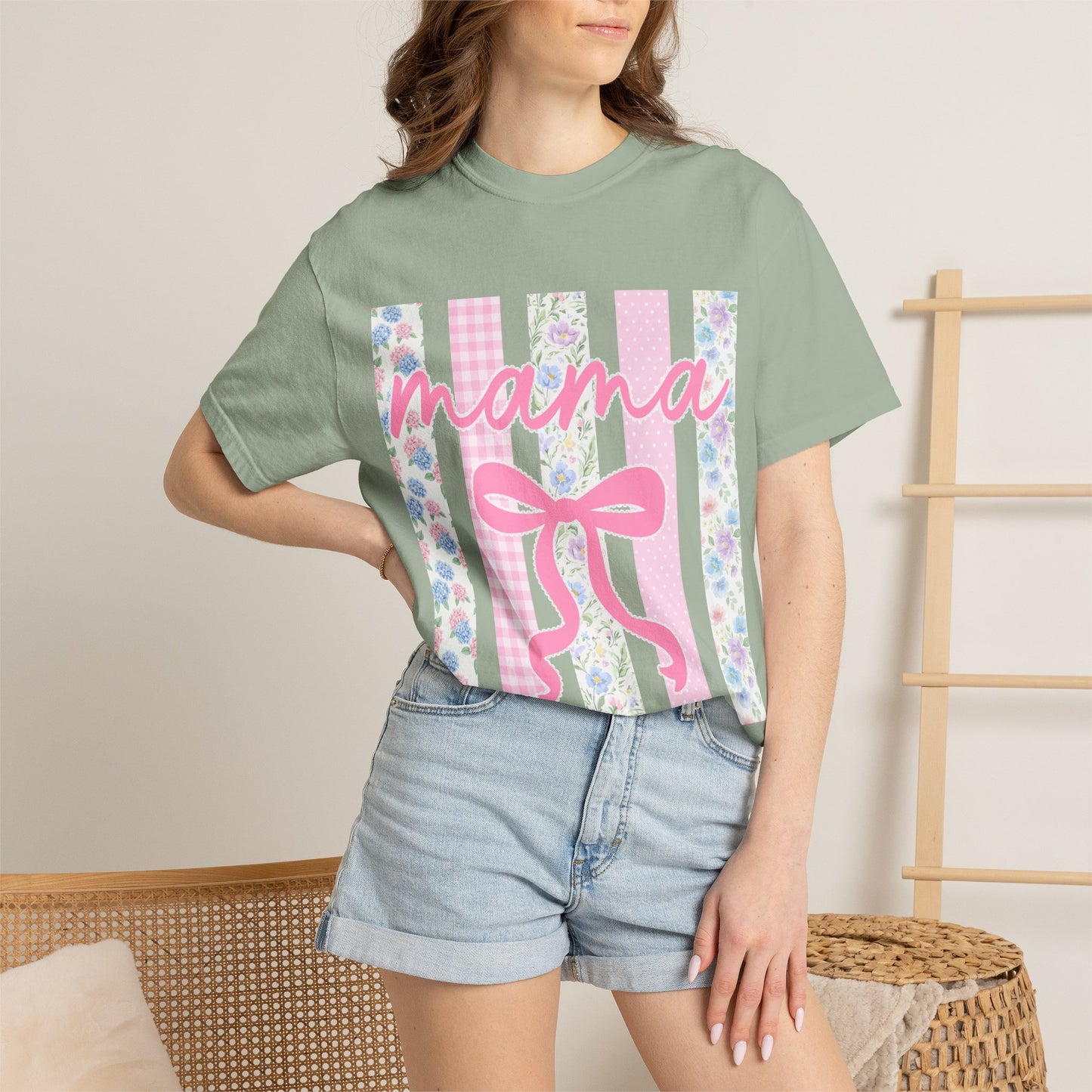 Mama Floral Bow T-Shirt — Mother's Day Pink Striped Tee
